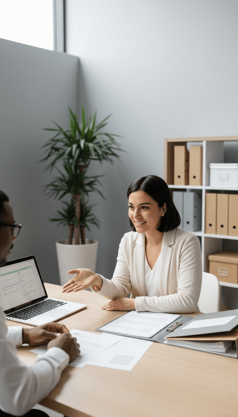 Professional document assistant in modern office explaining legal forms to a client during consultation Professional document assistant in modern office explaining legal forms to a client during consultation